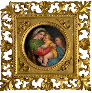 19th Century Italian Oil on Porcelain - Madonna of the Chair: 19th Century Italian Oil on Porcelain - Madonna of the Chair. Painted in Firenze(Florence), Italy. 6" in diameter. Size of frame: 12 1/2" x 12 1/2".
