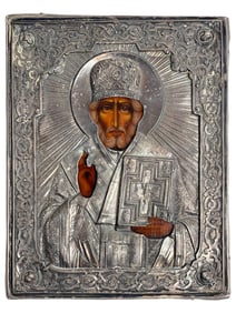 Antique Russian Orthodox Painted St. Nicholas Silver Icon