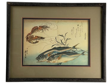 Utagawa Hiroshige - "Horse Mackerel and Tiger Prawn" Japanese Woodblock Print