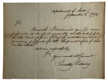 Timothy Pickery (1745-1829) - Former US Secretary of State Hand Written and Signed Letter 1796