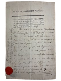 Donatien-Marie-Joseph-Vimeur-Rochambeau Lieutenant General of French Army Document Decree 1793