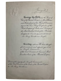 King George V Hand Signed Official Document Appointing New Knight Commander