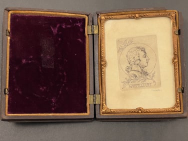 Antique Signed Side Portrait of Mozart in Wood Case