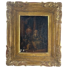 Antique Oil on Wood Panel Painting of Older Lady in Home