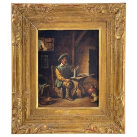 Antique Oil on Wood Panel Painting of Man Sitting in Home