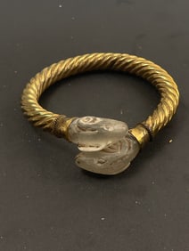 Ancient Greek Roman Carved Stone Ram Head Cuff Bracelet Mixed Metal