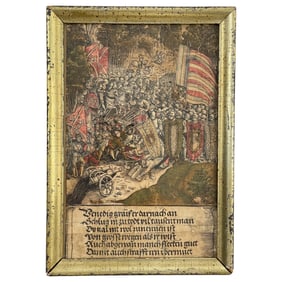 Early 16th-Century German Hand-Colored Woodcut Depicting a Battle Scene with Verse