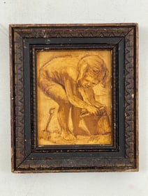 Antique Signed Painting on Wood Panel, Child Playing in Sand