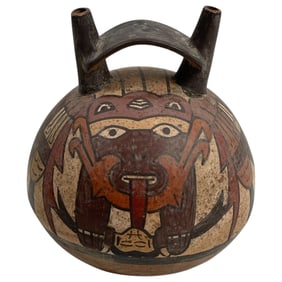 Ancient Nasca Bottle with Masked Figure Clay – South Coast Peru Circa 200 BCE – 500 CE