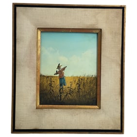 Josef Baier - Signed Oil on Wood Panel Scarecrow in Field Painting
