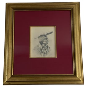 Charles Marion Russell (1864-1926) - Pencil Signed and Drawn Side Profile of Native American Indian