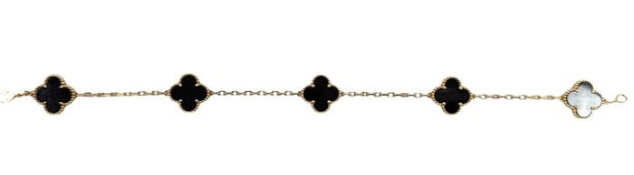 Van Cleef & Arpels 18K Yellow Gold Black Onyx 5 Motifs Vintage Alhambra Bracelet