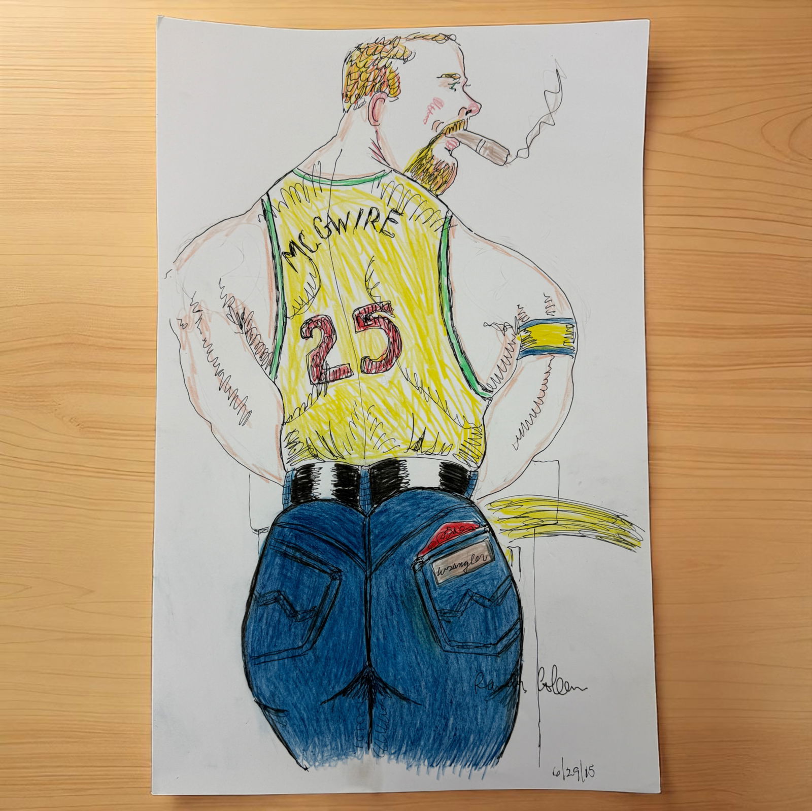 Vintage Randy Coleman Pen and Colored Pencil Drawing, Jeans an Jersey Man (1 of 2)