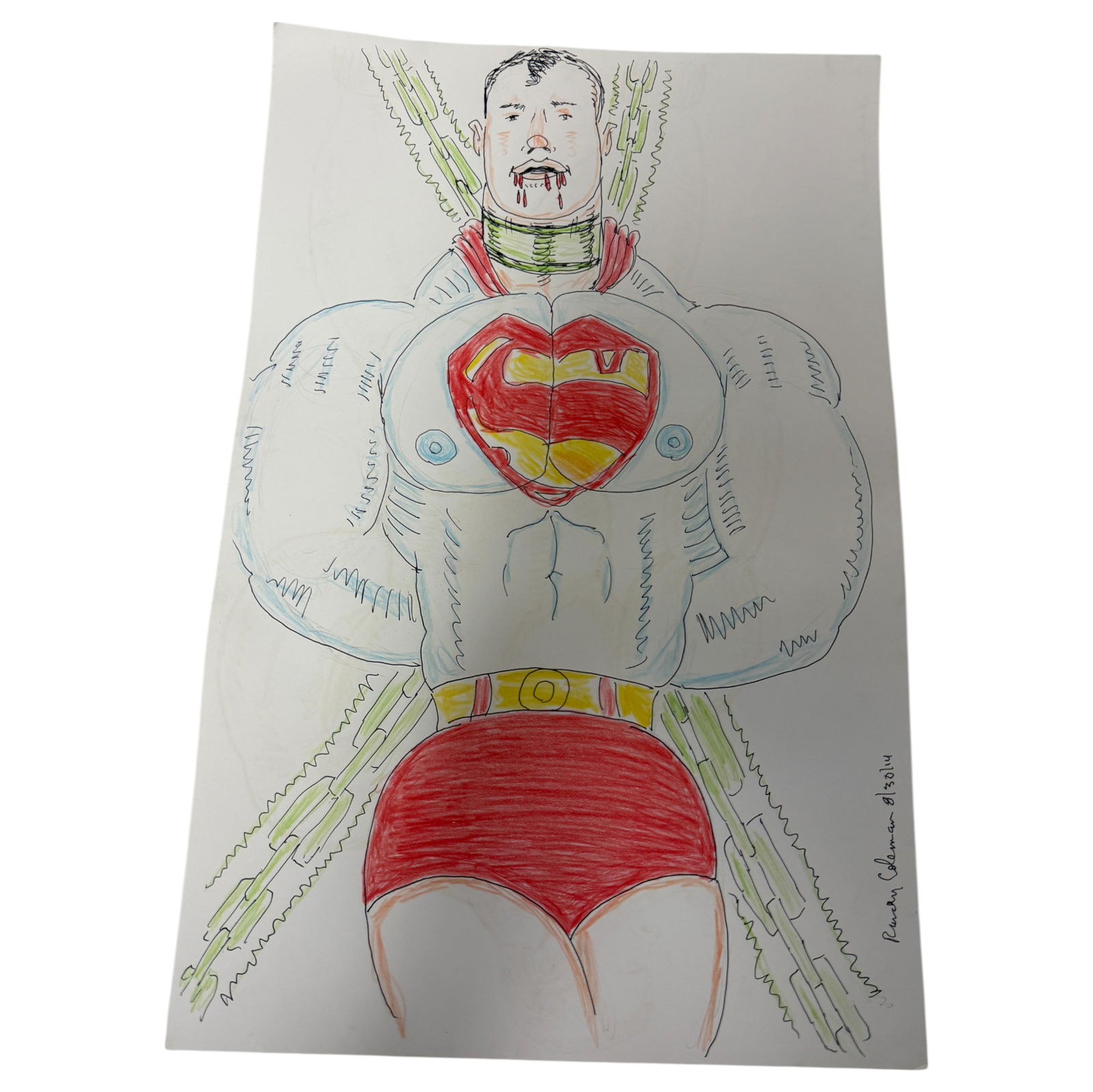 VIntage Double-Sided Randy Coleman Colored Pencil  & Pen Drawing of Shackled Superman,Signed & Dated (1 of 2)