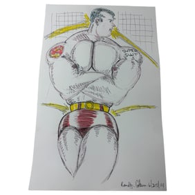 Vintage Randy Coleman Pen & Colored Pencil Drawing Of Superman Signed & Dated Bottom Right