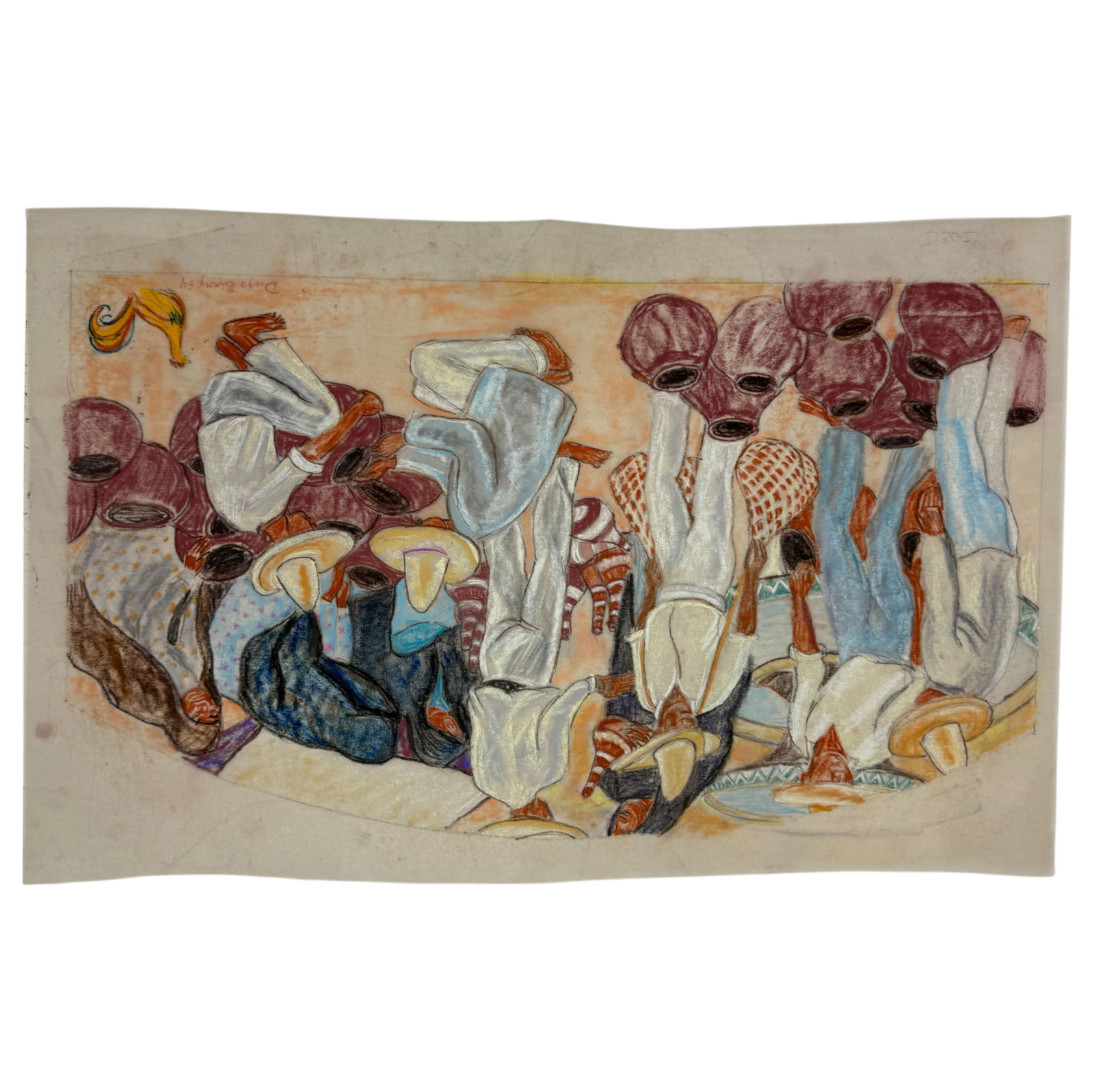 Diego Riverra Pastel on Paper Painting Signed & Dated On The Bottom Right (1 of 6)