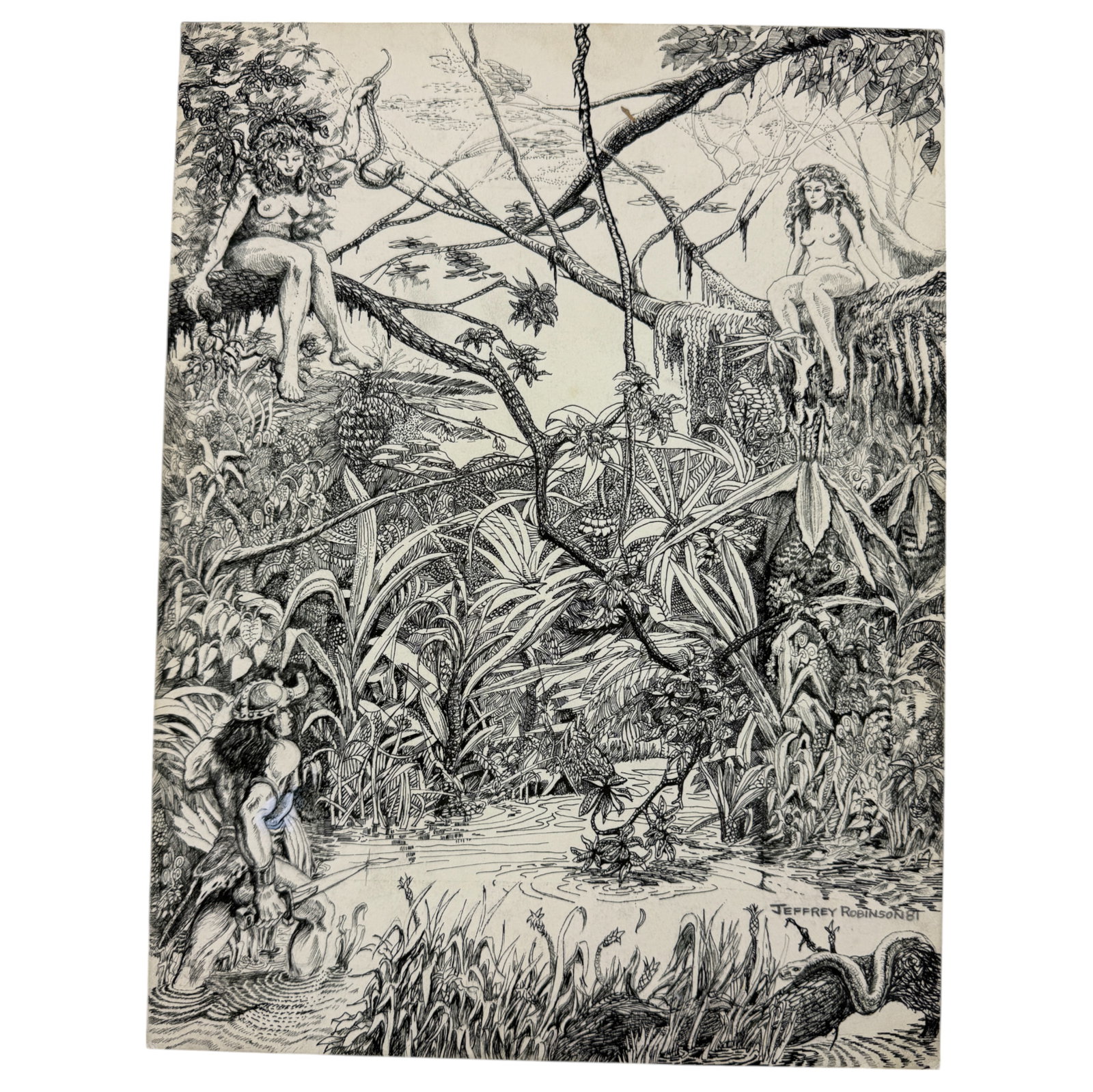 Vintage Pen & Pencil Warrior & Forest Nymph Drawing Signed By Jeffrey Robinson On Board, Measures at (1 of 5)