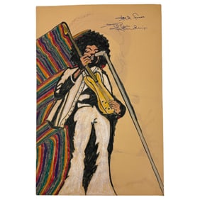 Vintage Signed Jimi Hendrix Oil Marker & Pastel Drawing