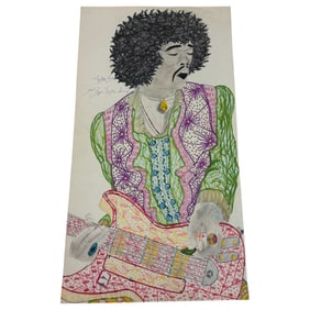 Vintage Signed Jimi Hendrix Pen & Oil Marker & Pastel Drawing