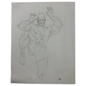 Vintage Street Fighter Double-Sided Pencil Drawing On Paper Of Sagat, 14inx11in