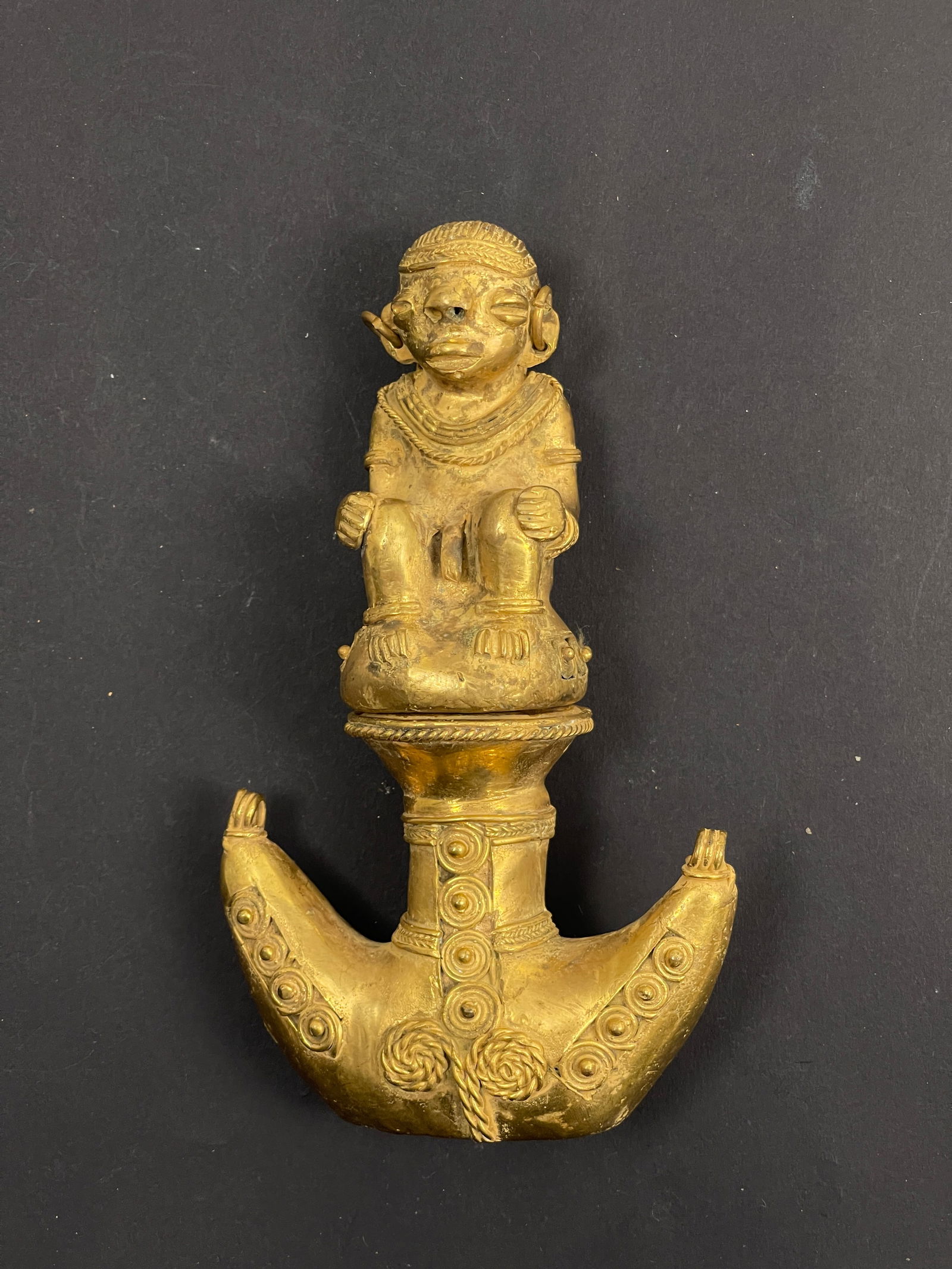 Ancient Pre-Columbian Mixed Metal Central or South America, circa 500–1200 CE: A rare and finely crafted Pre-Columbian pendant, made from a mixed-metal alloy, possibly a combination of copper, gold (tumbaga), or bronze, characteristic of early metallurgical traditions in ancient