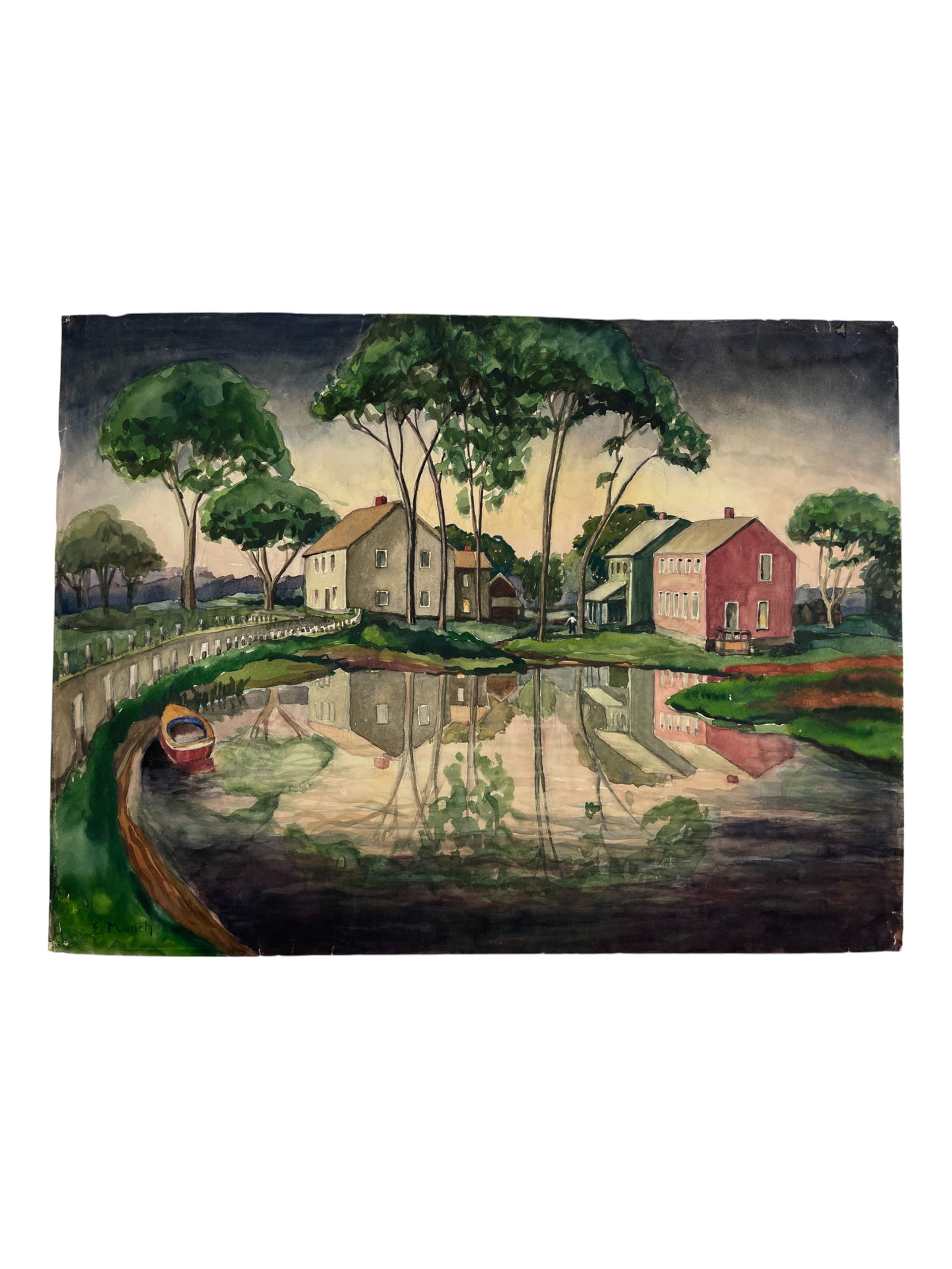 Watercolor Painting on Paper, Signed E. Munch – 18" x 24" Attributed to Edvard Munch (Norwegian,: A compelling watercolor painting on paper, measuring 18 x 24 inches, signed “E. Munch” in the lower corner. Executed with loose, expressive brushwork and atmospheric color blending, the compos
