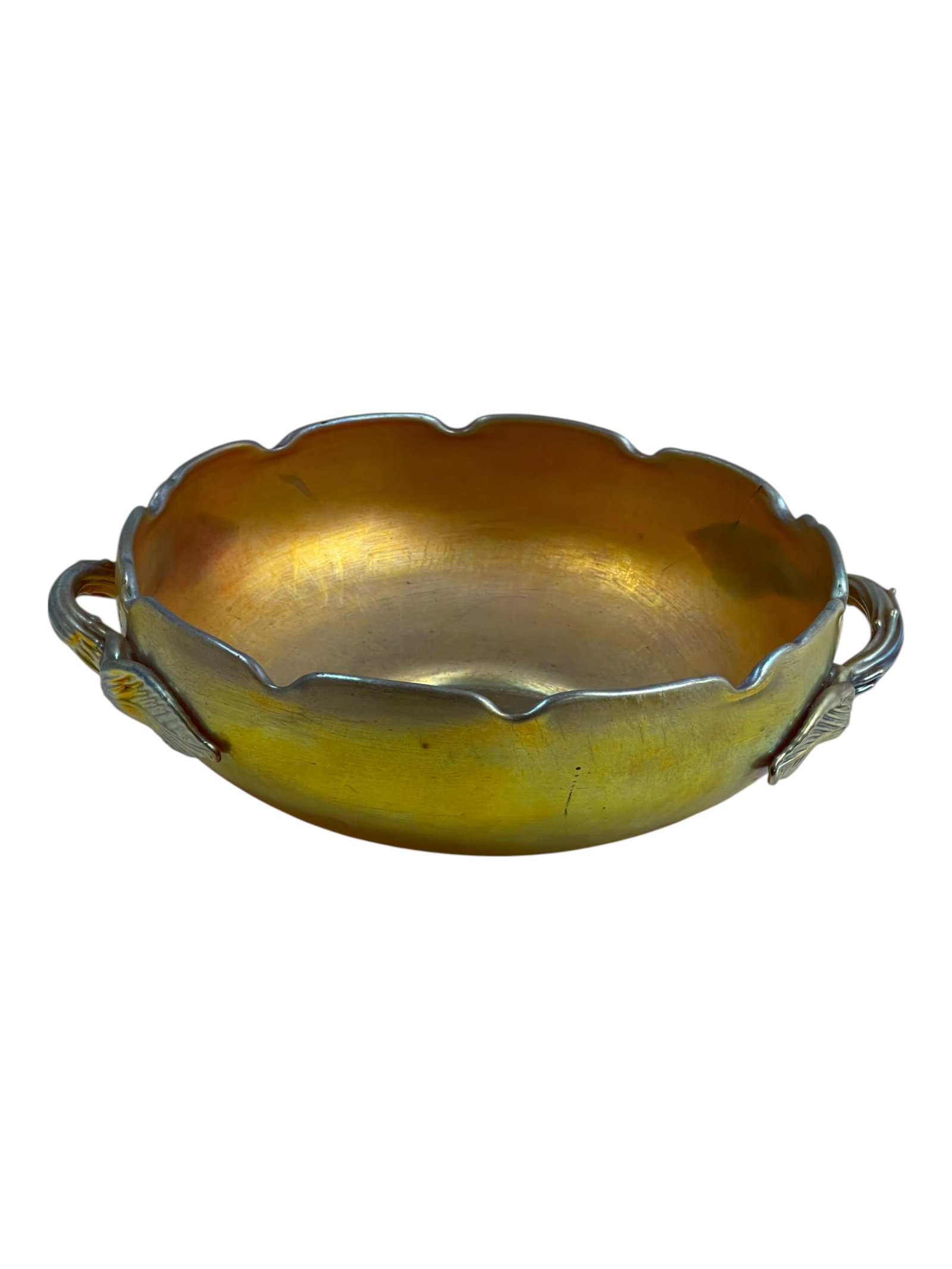 Rare Steuben Blue Aurene Center Bowl c. 1905-1930: Rare Steuben Blue Aurene Center Bowl c. 1905-1930. 13" scallop rim blue and gold iridescent highlights. Signed on bottom.