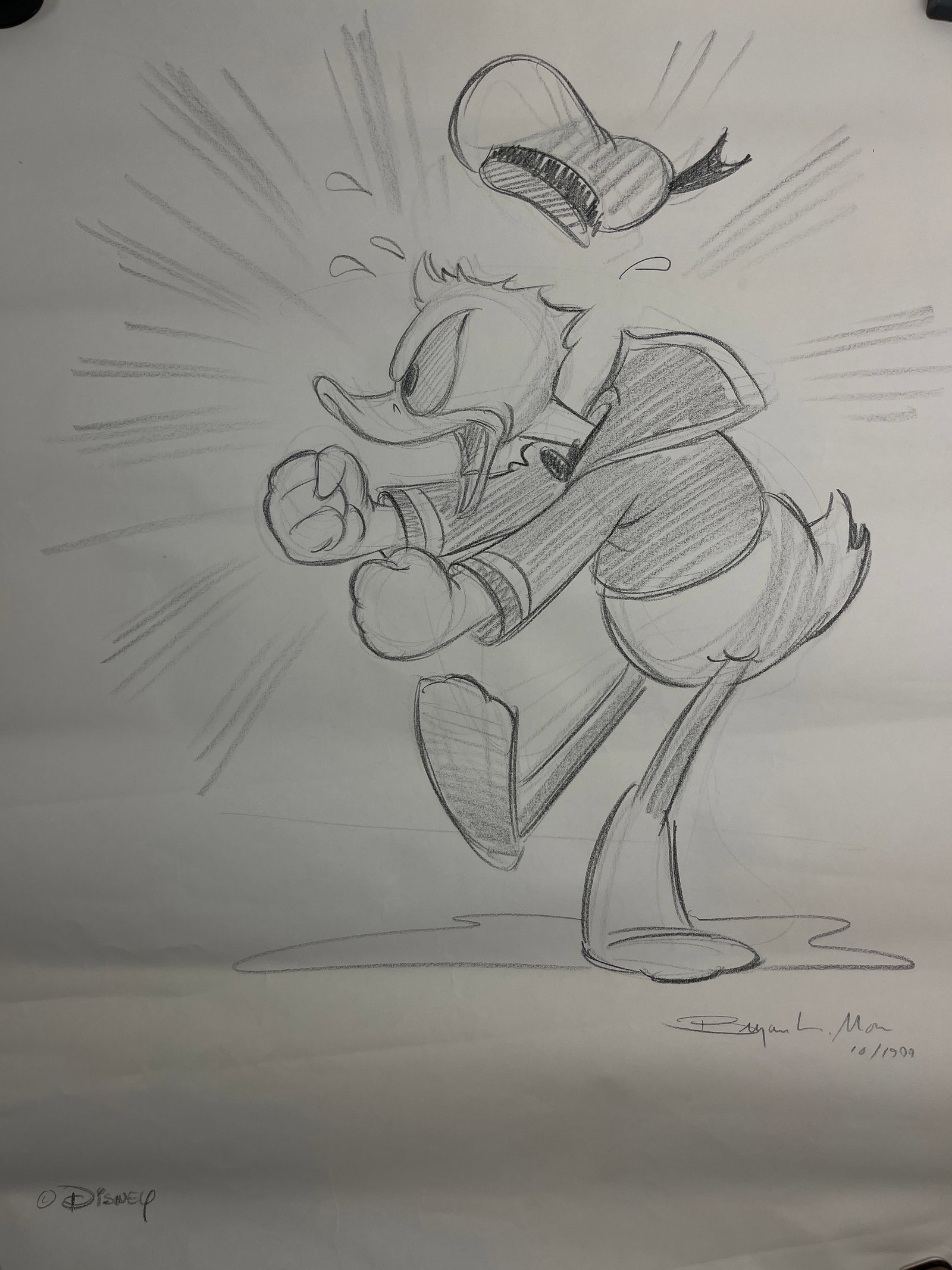 Bryan Mon Original Disney Donald Duck Hand Signed and Drawn Illustration 2009: Bryan Mon Original Disney Donald Duck Hand Signed and Drawn Illustration 2009. Signed and dated bottom right. Disney copyright bottom left. Drawn by former Disney Sr. Character Artist Bryan Mon. 19" x