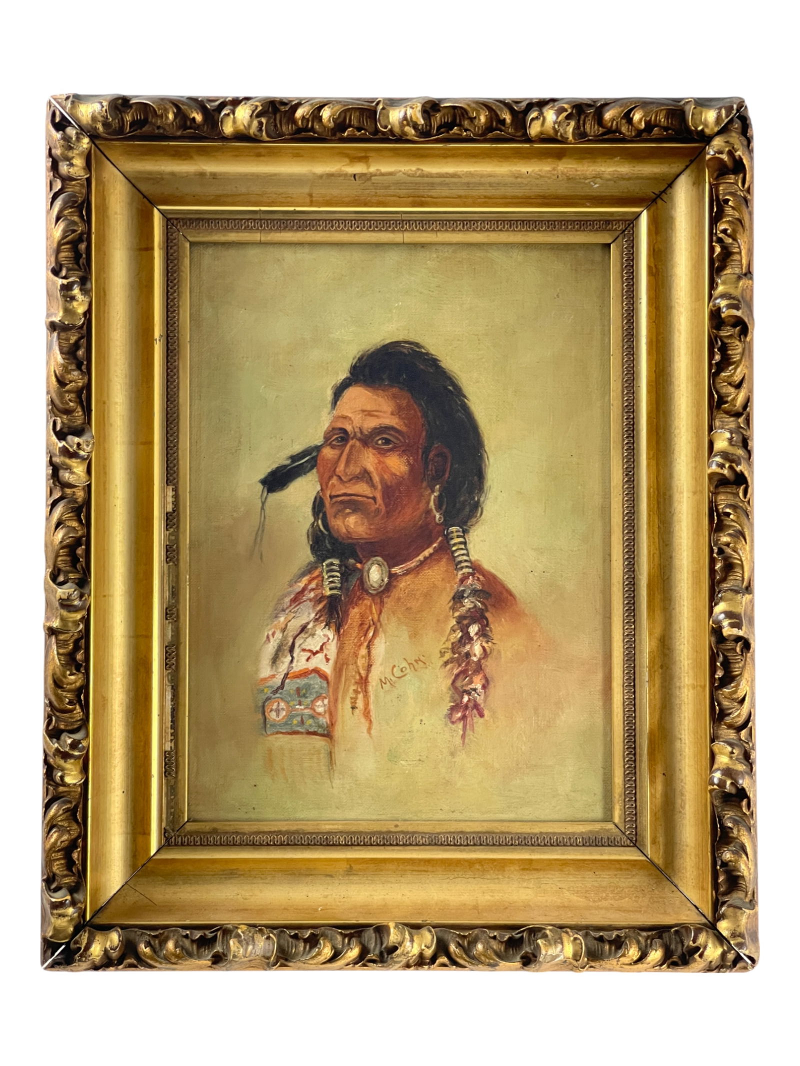 Indian Native American Portrait (Sioux) – Red Horse – Signed Oil on Canvas by M. Cohn, c. 1890 (1 of 6)