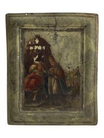Antique Oil on Metal Panel Religious Scene Painting