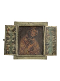Antique Triptych Oil on Wood Panel and Metal Religious Icon Painting