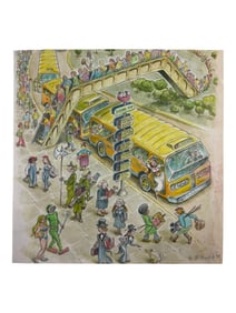 Robert Crumb (1943- ) 1977 Signed and Dated Pencil Drawn Hand Colored Bus Stop Drawing