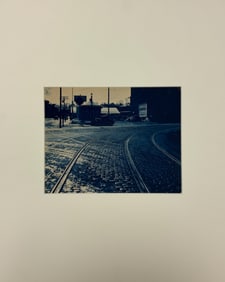 Vintage Photo Cyanotype of Boston Suburb Street Scene With Railroad Tracks