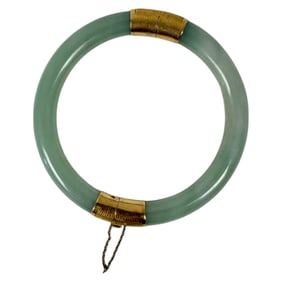 Vintage Chinese Gold Green Jadeite Jade Bangle Bracelet