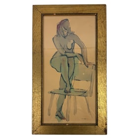 Vintage Water-Color & Pen Painting Of A Women Standing On A Chair Artist Mark on The Bottom