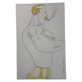 Vintage Randy Coleman Male Interest Art Pen & Colored Pencil Drawing Signed & Dated 7/15/14 On Botto