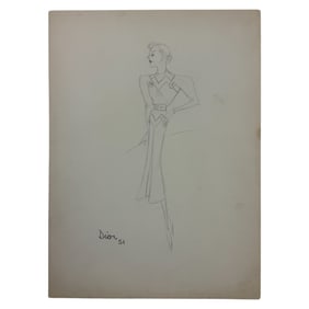 Christian Dior Fashion Design Sketch Pencil Drawing Signed & Dated