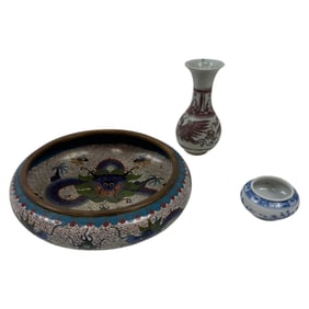 Chinese Cloisonne Bowl and Porcelain Vase Lot of 3