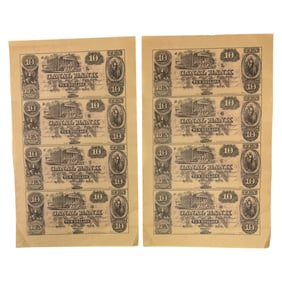 1850s $10 Uncut Sheets of Canal Bank, New Orleans Uncirculated Money
