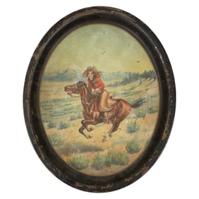 Antique Victorian Origional Cowgirl On Horse Advertising Tray