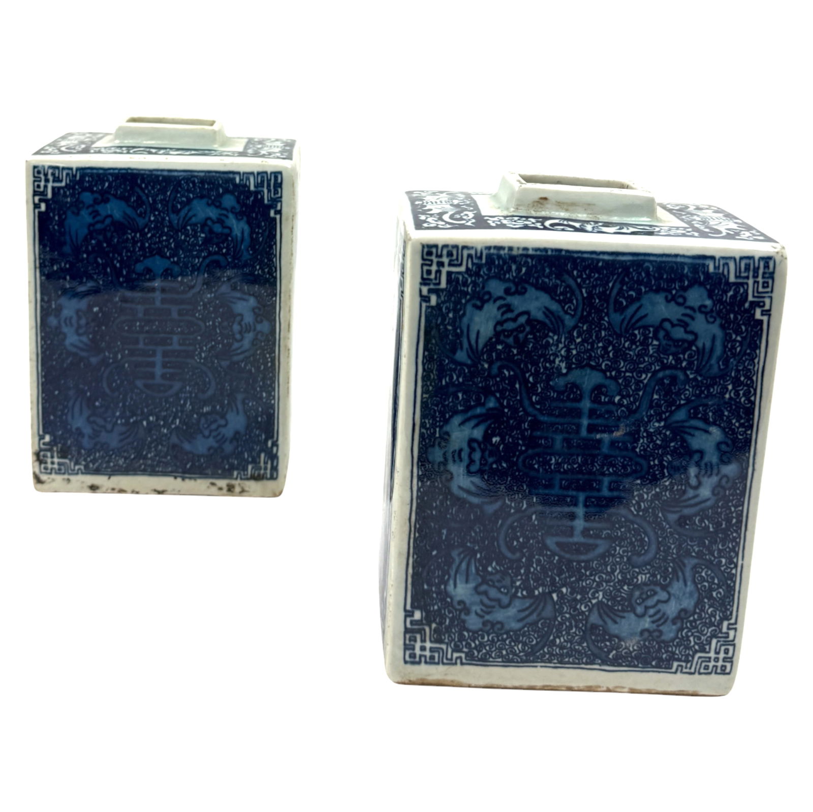  Antique Blue & White Porcelain Rectangular Tea Jar Longevity Motif Pair (1 of 5)