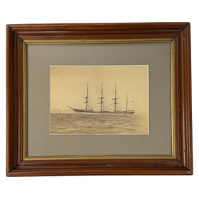 Framed Vintage Photograph ohf A Four Masted Clipper Ship At Sea 16inx14in