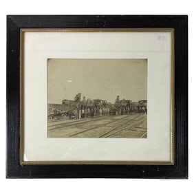 Framed Antique Photo Of Railroad Workers And Locomotives of The Early 20th Century 17inx15in