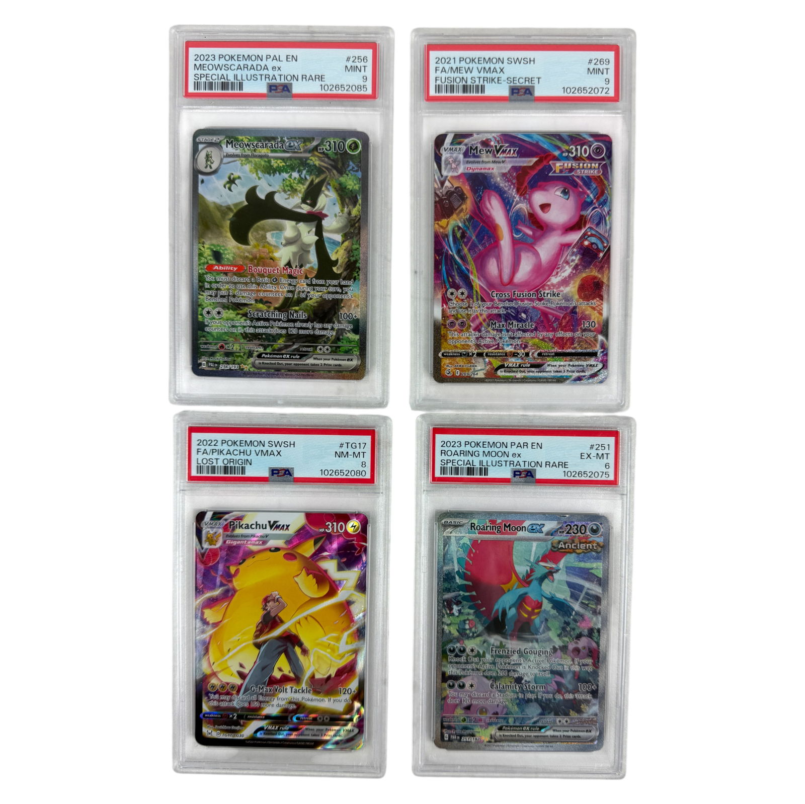 Vintage PSA Grade Poemon Card Lot- Mew VMAX, Roaring Moon EX, Pikachu VMAX, Meowscrada EX (1 of 2)