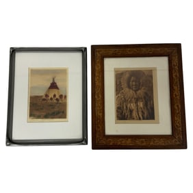 Vintage Framed Native American Portrait And Photogravure Of Teepee Hut By Edward S. Curtis,, Early 2