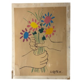 Vintage Pablo Picasso Bouquet Of Peace Hands With Flowers Lithograph 20inx26in