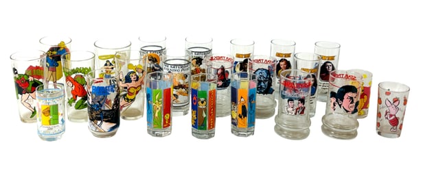 Vintage Collection Of 1980s Advertising Glass Cups For Cartoons And Tv Shows