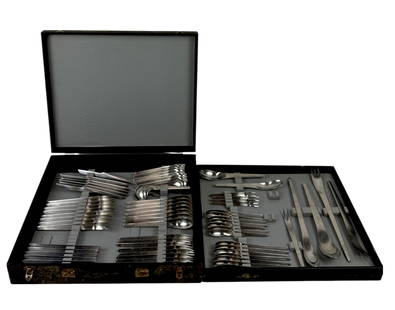 Rare Arne Jacobsen by A. Michelsen Danish Mid-Century Flatware 68 Pieces: Rare Arne Jacobsen by A. Michelsen Danish Mid-Century Flatware , serves eight, This service contains 68 Piece Set of Arne Jacobsen for Anton Michelsen Flatware, 1965 Stainless steel, with markings. In