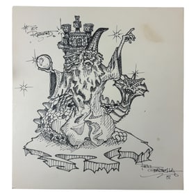 Vintage Hand Drawn Merlin The Wizard And Dragon Pen And Pencil Signed Drawing