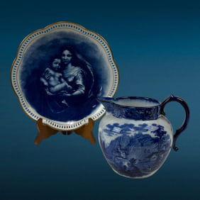 Antique Blue Porcelain Schumann Reticulated Madonna Plate And Gravy Boat